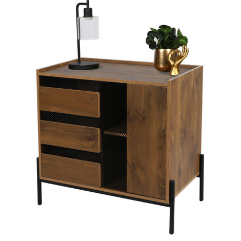 Commode 3 tiroirs 1 porte 80x40x75 cm décor bois et métal - OLI