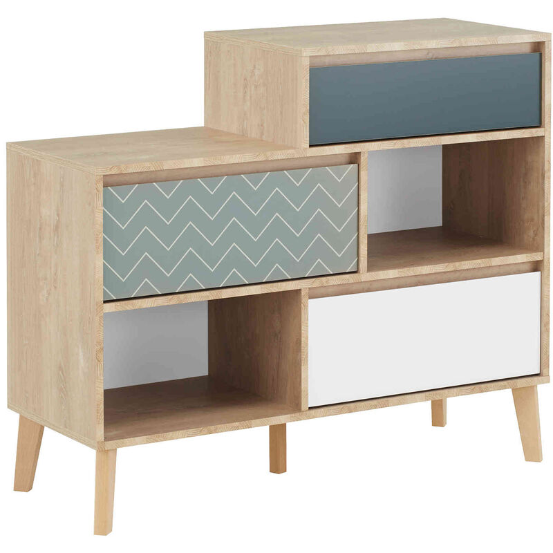 Commode 3 tiroirs 2 niches en bois imitation chêne clair - CO5046 - Naturel