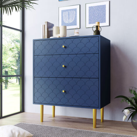 Commode 3 tiroirs 75x40x89 cm pour chambre et salon, bois et métal bleu marine