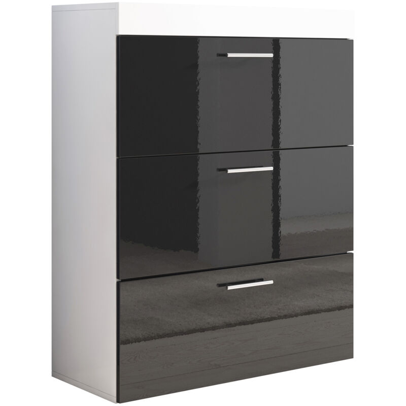 Commode 3 tiroirs 75x99x36cm Poignées Aluminium Meuble de rangement Modèle dalia Blanc et Noir Finition brillante