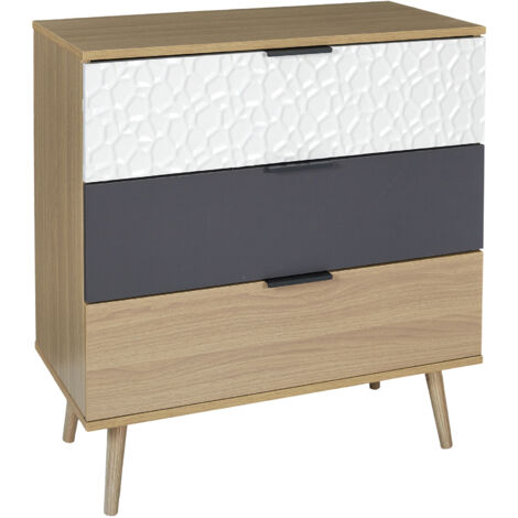 Commode 3 tiroirs 80x39x75 cm naturel, gris et blanc