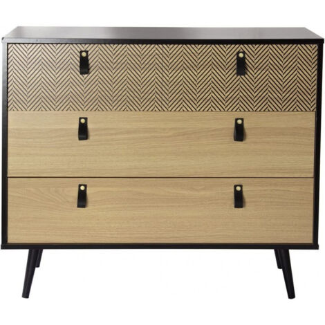 Commode bicolore 3 tiroirs en panneaux de particules – Dimensions 99x40x82cm – Motifs Chelsea – Revêtement polyuréthane – Urban Living