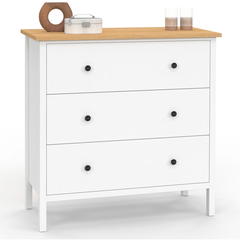 Idmarket – Commode 3 tiroirs 80 cm – Bois blanc et bois naturel – Dimensions 80x40x80 cm – Tiroirs L. 71,5 cm – Structure en panneaux de particules