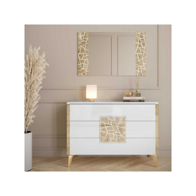 Commode 3 tiroirs Blanc brillant/Or - nahesa - l 108 x l 41 x h 77 cm