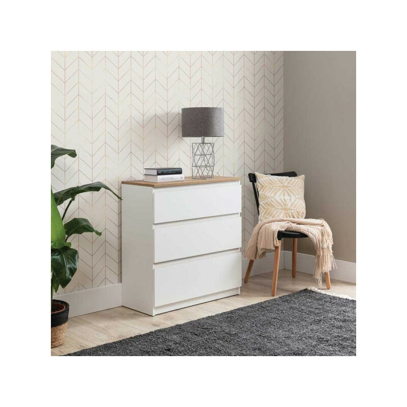 Commode 3 tiroirs Blanc/Bois - QIZ - L 78 x l 35 x H 84 cm