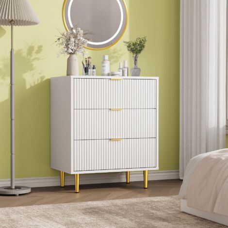 Commode 3 tiroirs blanche en bois façade cannelée 60P x 39,5l x 74,8H cm, poignées et pieds métal chambre salon
