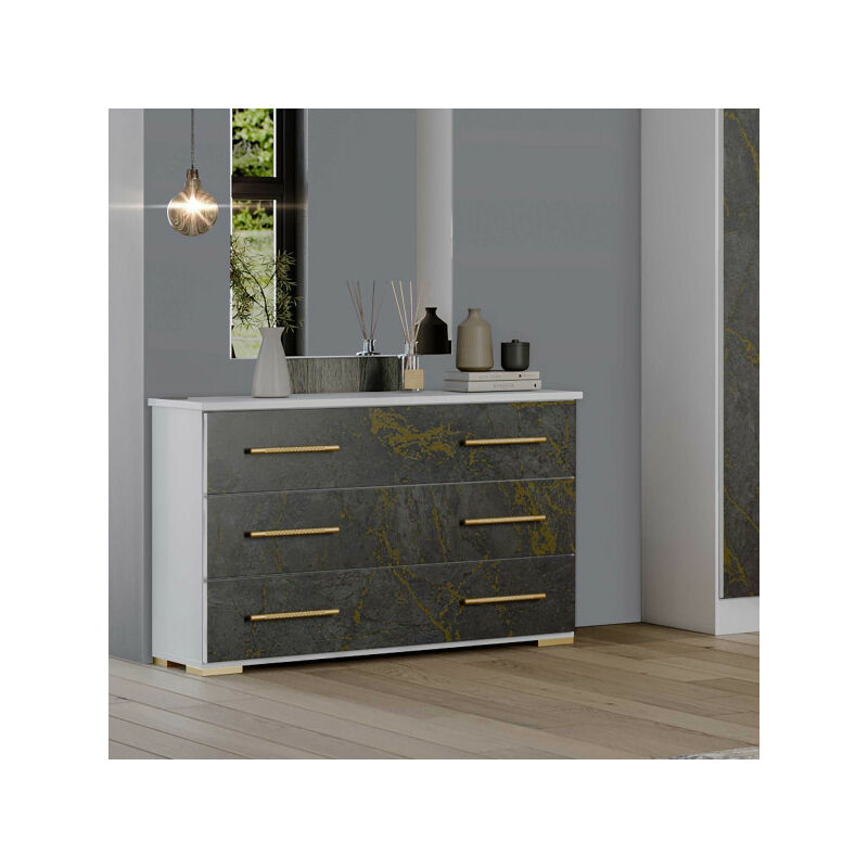 Commode 3 tiroirs Blanc/Marbre gris brillant - MARGUERITE - L 100 x l 36 x H 68 cm