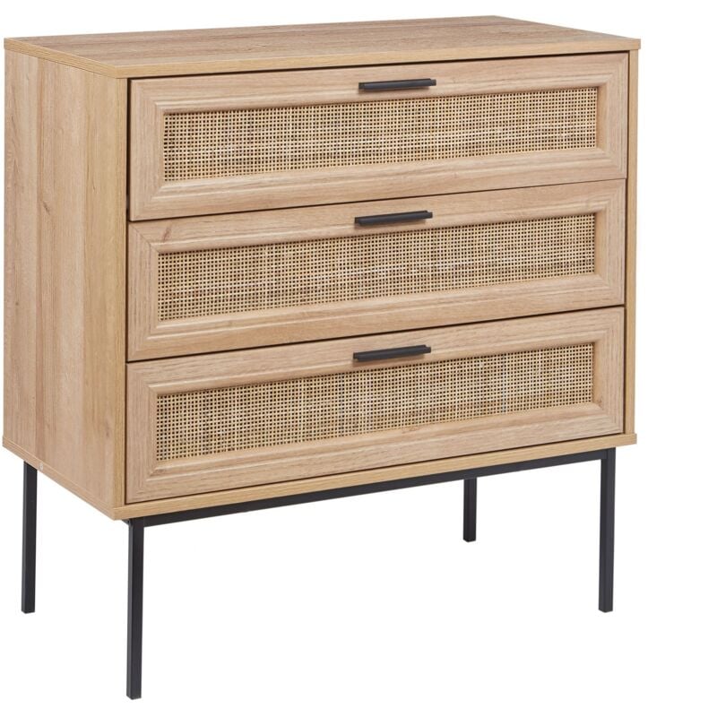 Commode 3 Tiroirs Boho en Rotin avec Panneaux Pieds en Métal Bois Clair Pasco