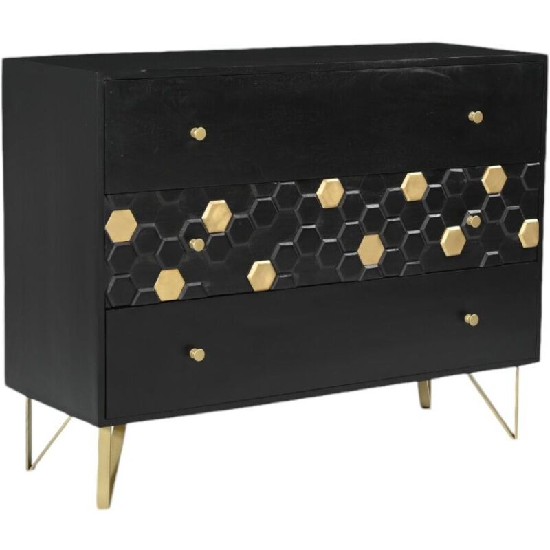 Vente-unique - Commode 3 tiroirs - Bois de manguier et métal - Noir et doré - belori