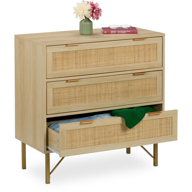 Relaxdays Commode à 3 tiroirs, H x L x P : 80 x 80 x 42 cm, pour le salon ou l'entrée, nature et doré