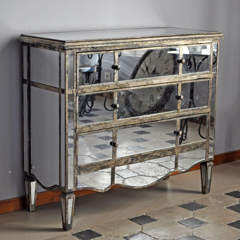 Cote Table - Commode 3 tiroirs bois miroir 87x101x39cm - Gris