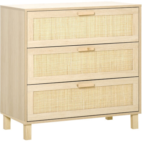 Commode 3 Tiroirs, Cannage Rotin, MDF Aspect Bois Clair, 80 x 40 x 80 cm