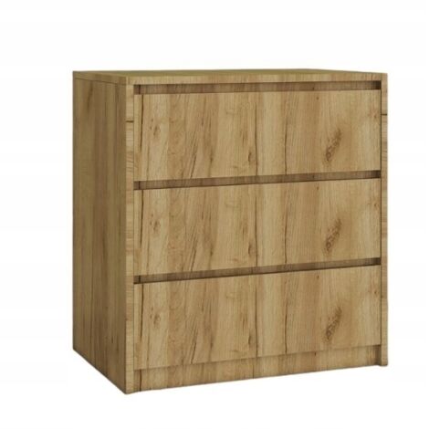 Commode 3 tiroirs, chêne doré, façades sans poignées, 70 x 75 x 43 cm