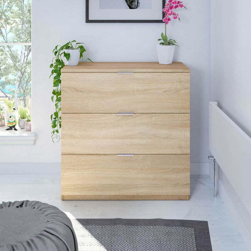 Commode 3 tiroirs Low Cost 77 cm (largeur) x 80 cm (hauteur) x 38 cm (profondeur) - Chêne canadien