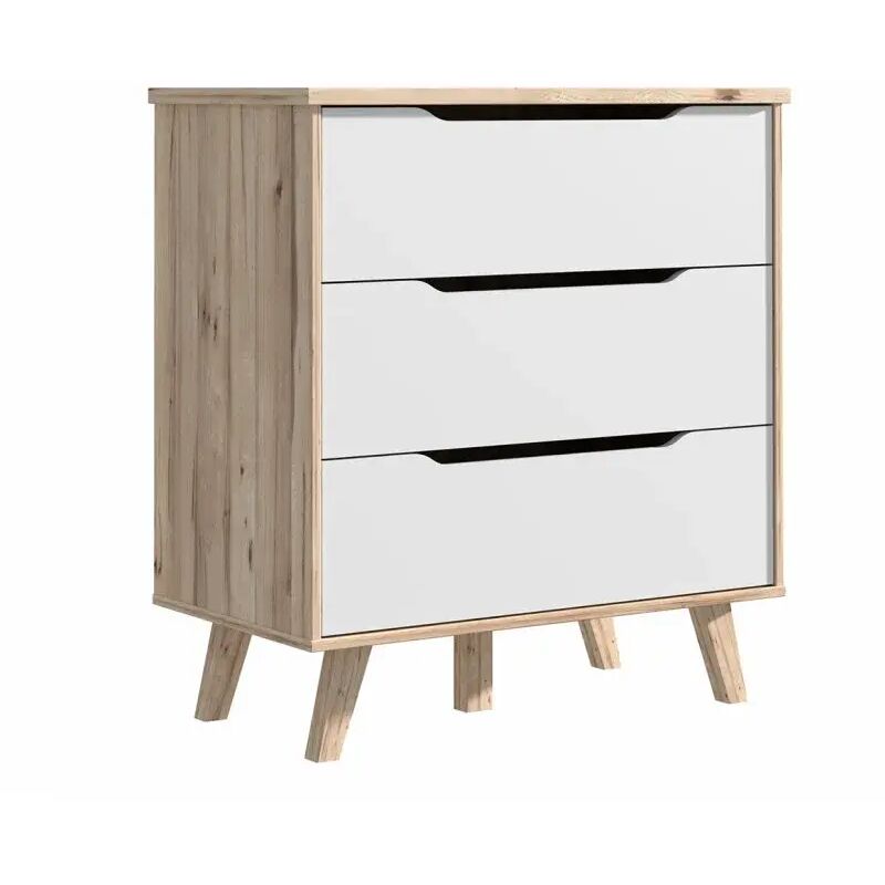 Commode 3 tiroirs décor chêne et blanc pieds bois massif - albane