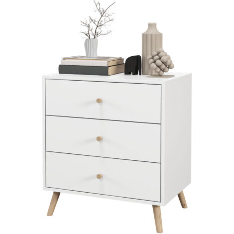 Commode 3 tiroirs Design scandinave Meuble de Rangement Chambre MDF Blanc poignée piètement effilé Bois Massif de pin