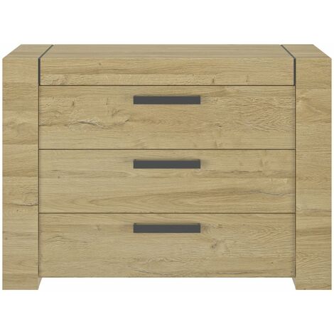 Commode 3 tiroirs effet bois chêne doré avec poignées métal noir
