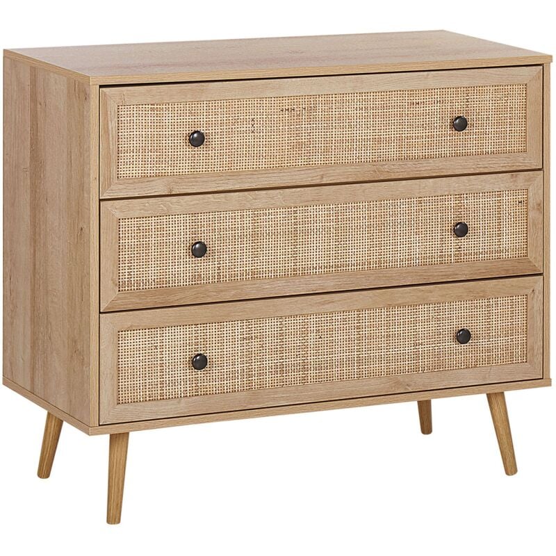 Commode Chiffonnier 3 Tiroirs Cannage Décoratif en Rotin Meuble de Rangement Idéal pour Chambre ou Salon Scandinave Rétro et Boho Beliani