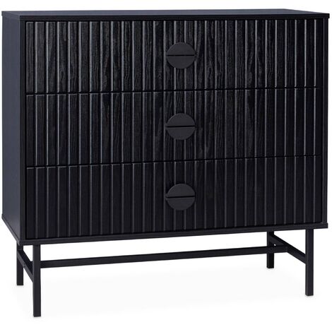 Commode 3 tiroirs effet bois rainuré noir BAZALT