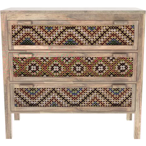 Commode 3 tiroirs en bois de manguier et cannage coloré - Massaï - Marron