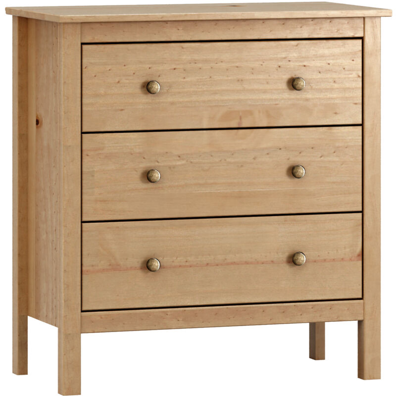 Commode 3 tiroirs en bois massif coloris Chêne Miel. (Hauteur 81 cm/Largeur 76 cm/Profondeur 40 cm)