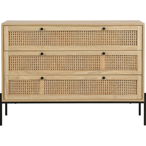 Commode 3 tiroirs en cannage naturel et effet chêne 105 cm - Iris