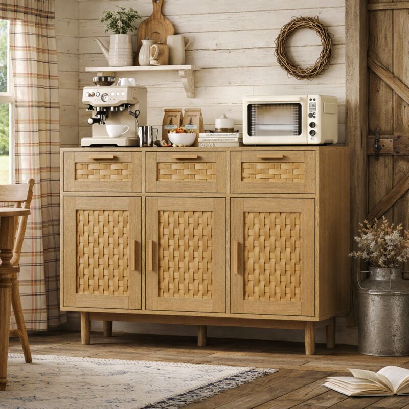 Commode 3 tiroirs et 3 porte chambre, meuble de rangement style bohème avec conception anti-basculement et cadre en bois, commode en rotin buffet