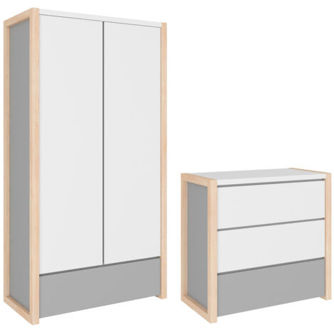 Commode 3 tiroirs et armoire 2 portes Bellamy Pinette Blanc et gris