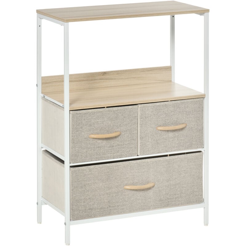 Meuble de rangement commode 3 tiroirs étagère plateau acier blanc mdf bois clair non tissé gris clair