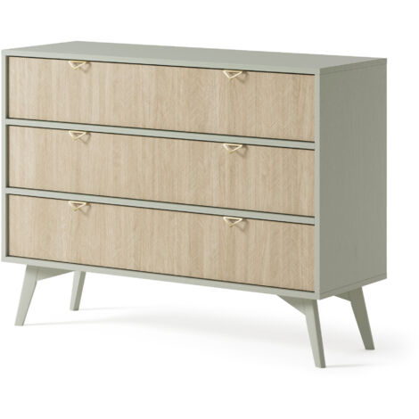 Commode : 3 Tiroirs, Eucalyptus / Chevrons scandi, Pieds Bois, 106 × 80 × 38cm