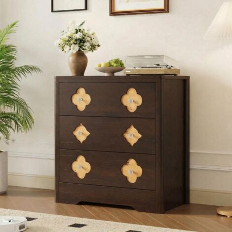 Commode 3 tiroirs façade ajourée motifs floraux poignées cristal H77 x L80 x P40 cm, meuble rangement élégant chambre salon - Brun