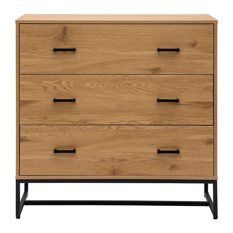Commode 3 tiroirs finition bois clair chêne et métal noir L100 cm lovato