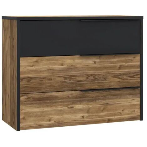 Commode 3 tiroirs H. 80 cm décor bois d'épicéa et noir mat - CELIA