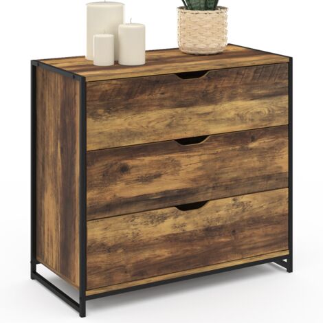 Commode 5 Tiroirs Tissu Style Industriel - Meuble Rangement Chambre 45x30x95cm, Marron Et Noir