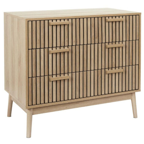 Paris Prix – Commode marron 90cm – 3 tiroirs – Structure en panneaux de particules et MDF – Piètement en pin – Dimensions L. 90 x l. 49 x H. 79 cm