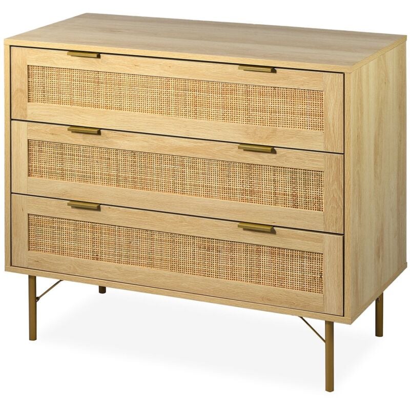 Commode 3 tiroirs Mandelieu Bois clair et Rotin
