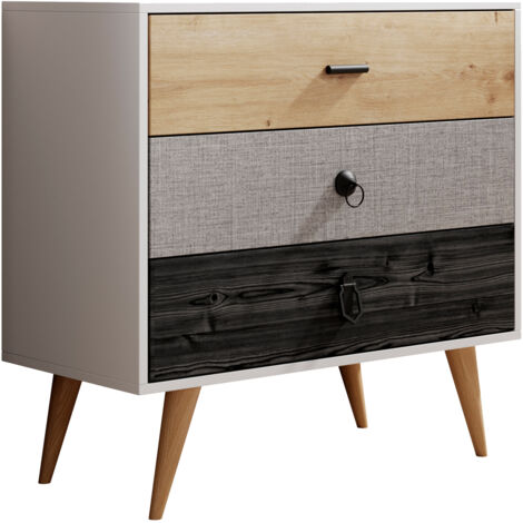 Commode 3 tiroirs Meuble de Rangement Chiffonier Chambre Armoire 80x78,8x39,5cm Structure blanc et Tiroirs en différentes couleurs Poignées en Métal Modèle Leticia