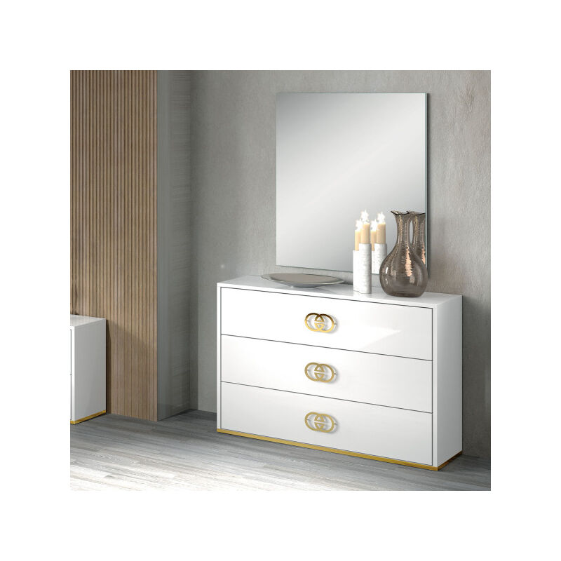 Commode 3 tiroirs + miroir Blanc brillant/Or - gove - Commode : l 100 x l 43 h 75 cm Miroir : l 100 x l 70 x h 2 cm