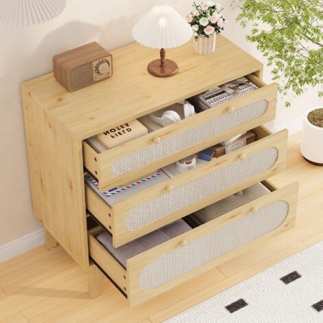 Commode 3 tiroirs moderne bois et rotin 40x80x79.5 cm, finition chêne clair, pieds bois, kit anti-basculement, grand rangement pour chambre et salon
