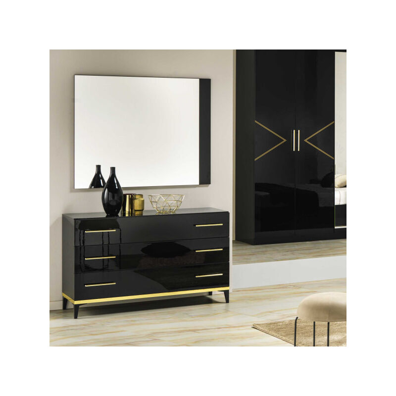 Commode 3 tiroirs Noir brillant/Or - ladabi - l 120 x l 43 x h 75 cm