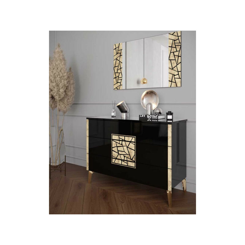 Commode 3 tiroirs Noir brillant/Or - NAHESA - L 108 x l 41 x H 77 cm