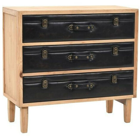 Commode 3 tiroirs pin massif clair et simili cuir Stylie