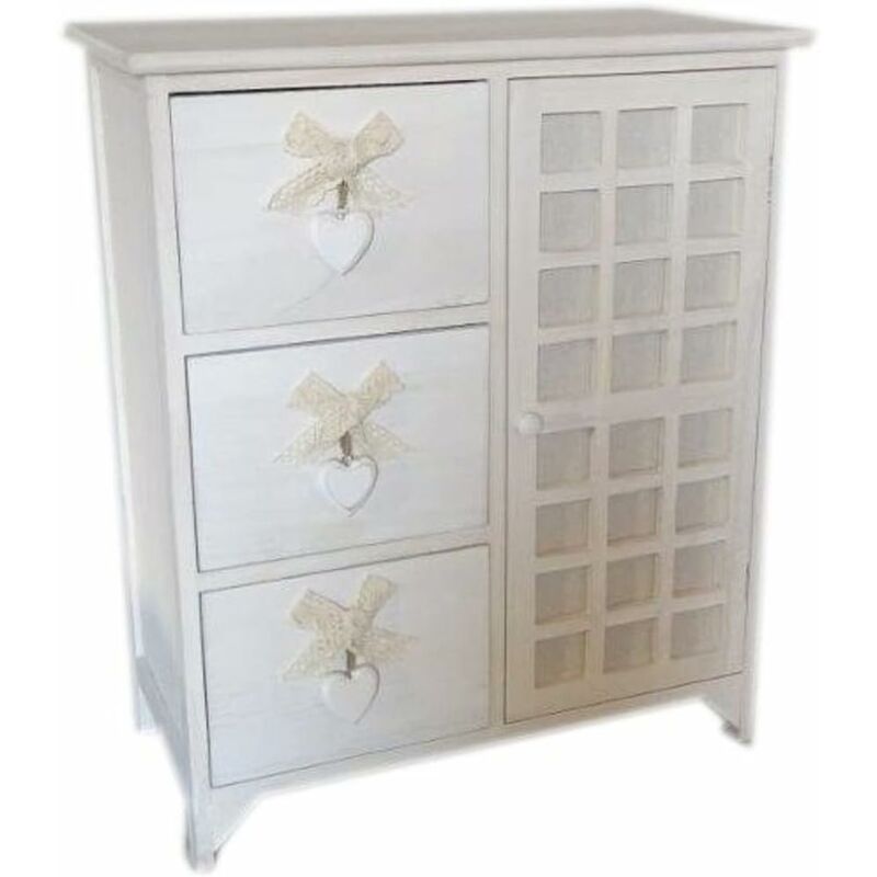 King Home - Commode 3 Tiroirs Avec Coeur + Porte Bois de Paulownia Lavé Blanc