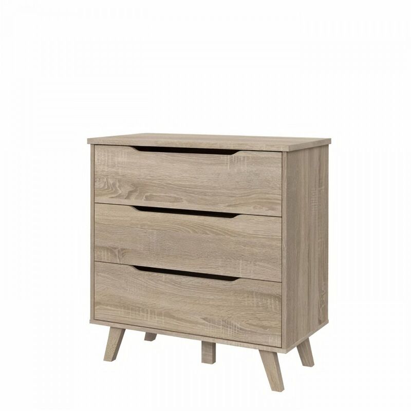 Commode 3 tiroirs scandinave - Décor chene sonoma - Pieds en massif - L 80 cm - VANKKA