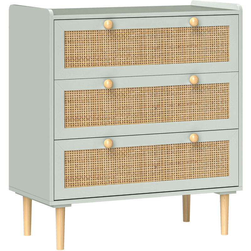 Commode 3 tiroirs style bohème chic cannage en rotin piètement effet bois vert de gris