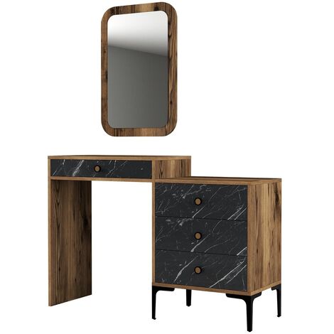 Commode 4 tiroirs avec miroir mural bois foncé et noir effet marbre Kindo 124cm