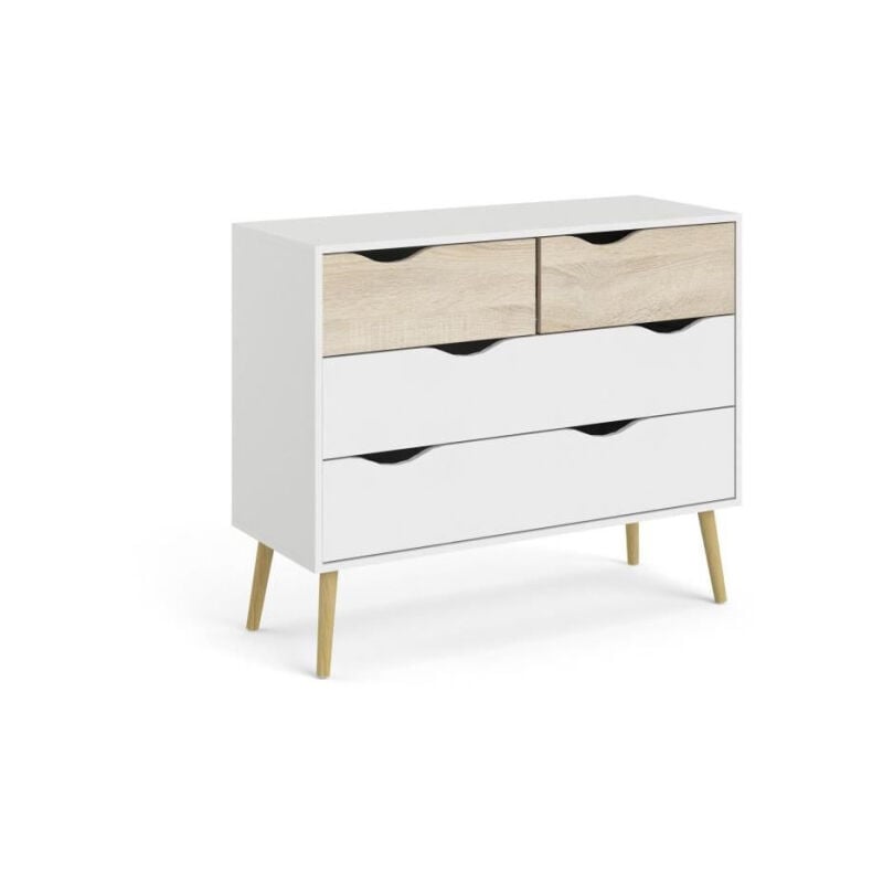 Commode 4 tiroirs - Blanc / Chene - Pietement évasé en bois massif - 98,7 x 39,1 x 81,7 cm aro