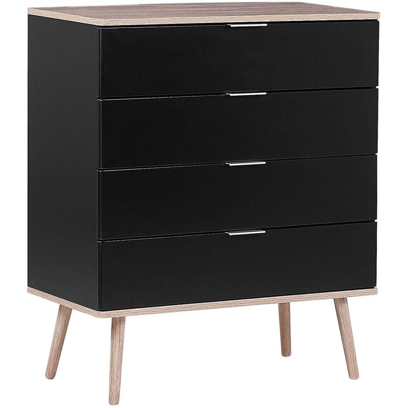 Commode 4 Tiroirs Spacieux Noirs avec Pieds Obliques en Bois Clair Meuble de Rangement Pratique pour Chambre ou Salon Scandinave et Rétro Beliani