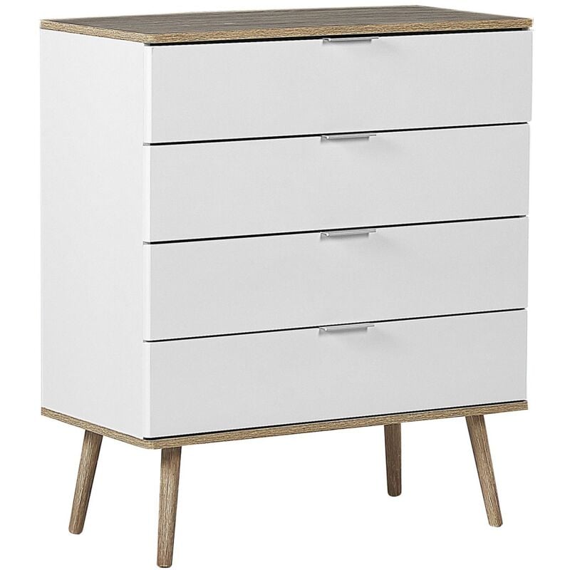 Commode 4 Tiroirs Spacieux Blancs avec Pieds Obliques en Bois Clair Meuble de Rangement Pratique pour Chambre ou Salon Scandinave et Rétro Beliani