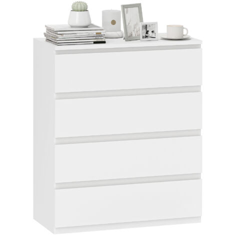 Commode 4 tiroirs blanche, meuble de rangement épuré pour chambre, intérieur, 80 x 39 x 95 cm en panneau de particules.